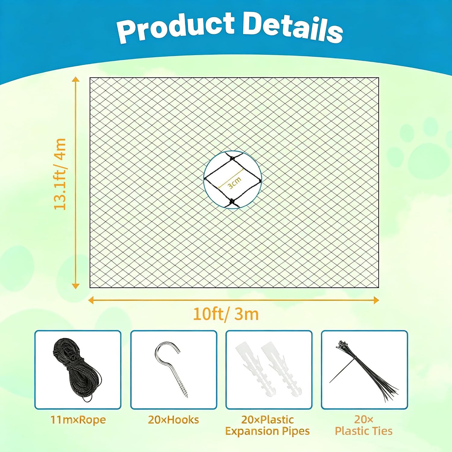 HomyPower cat netting installation kit components including zip ties and hooks