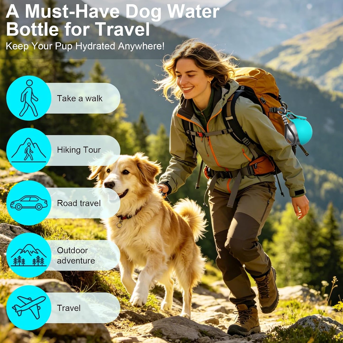 HJKLIUT outdoor puppy water dispenser compact design next to a travel backpack.