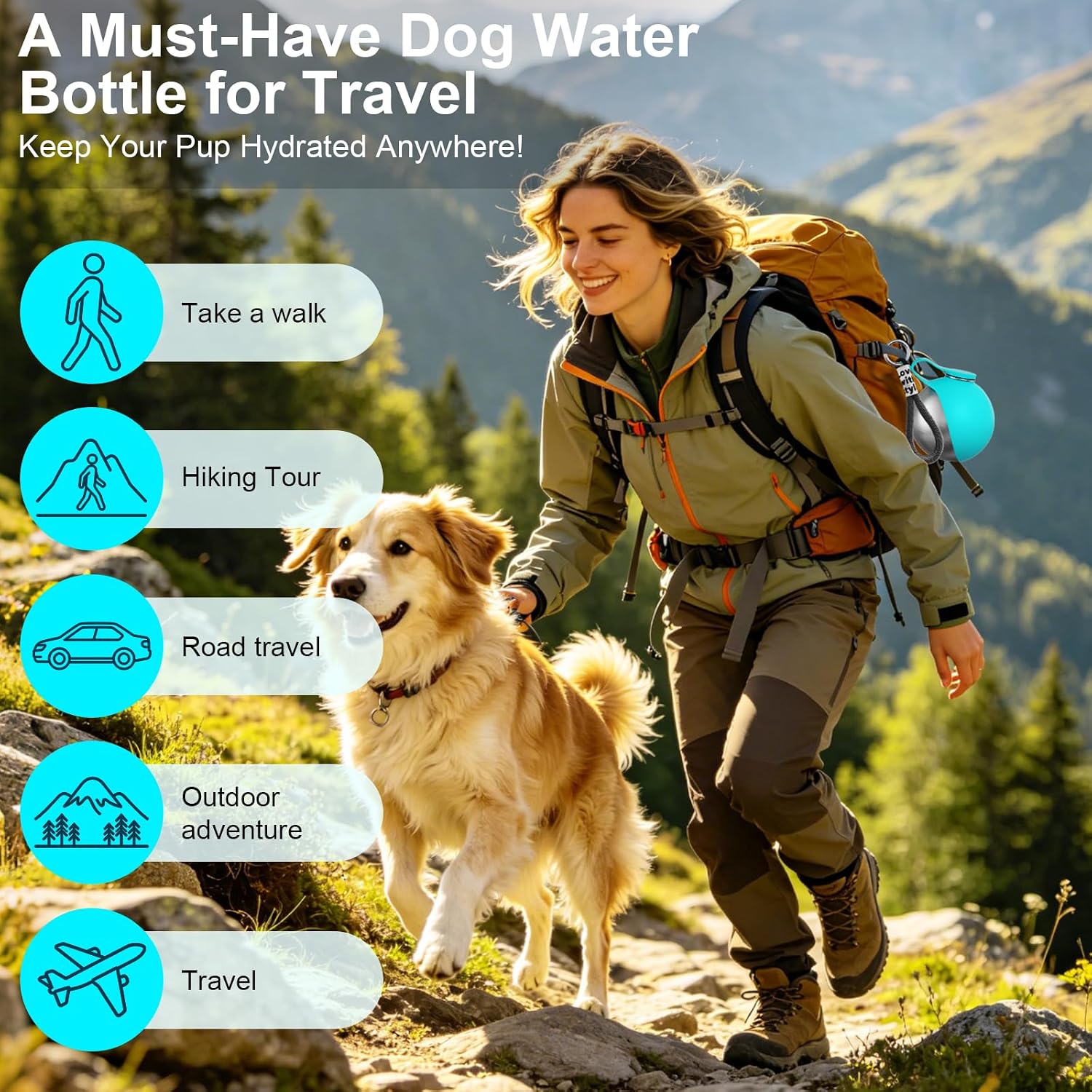 HJKLIUT outdoor puppy water dispenser compact design next to a travel backpack.