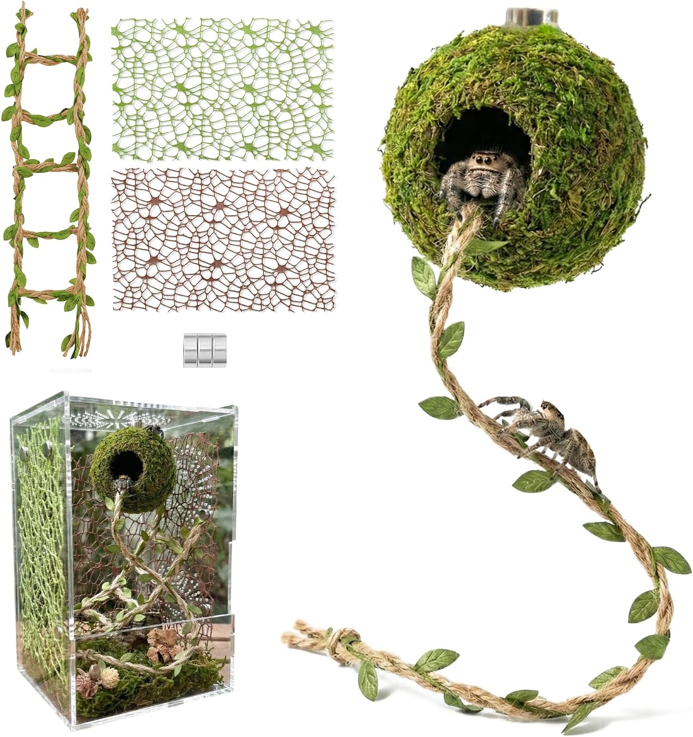 Magnetic Jumping Spider Hideout,Habitat Dcor Kit - Handmade Moss Hideout with Climbing Rope,Hemp Rope Bridge,2Pcs Climbing Web& Loose Moss,Fun Enclosure Accessories for Climbing & Hiding (4.5cm) - Image 1