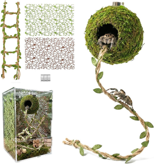 Magnetic Jumping Spider Hideout,Habitat Dcor Kit - Handmade Moss Hideout with Climbing Rope,Hemp Rope Bridge,2Pcs Climbing Web& Loose Moss,Fun Enclosure Accessories for Climbing & Hiding (4.5cm) - Image 1