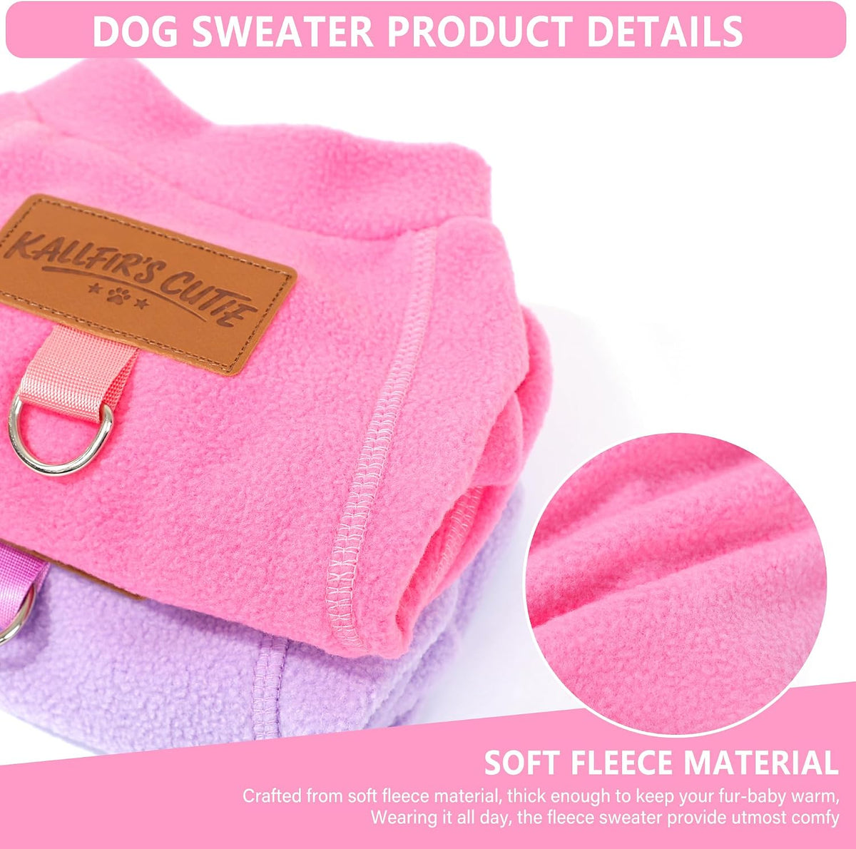 Small dog wearing a pink fleece turtleneck pullover sweatshirt with built-in leash ring