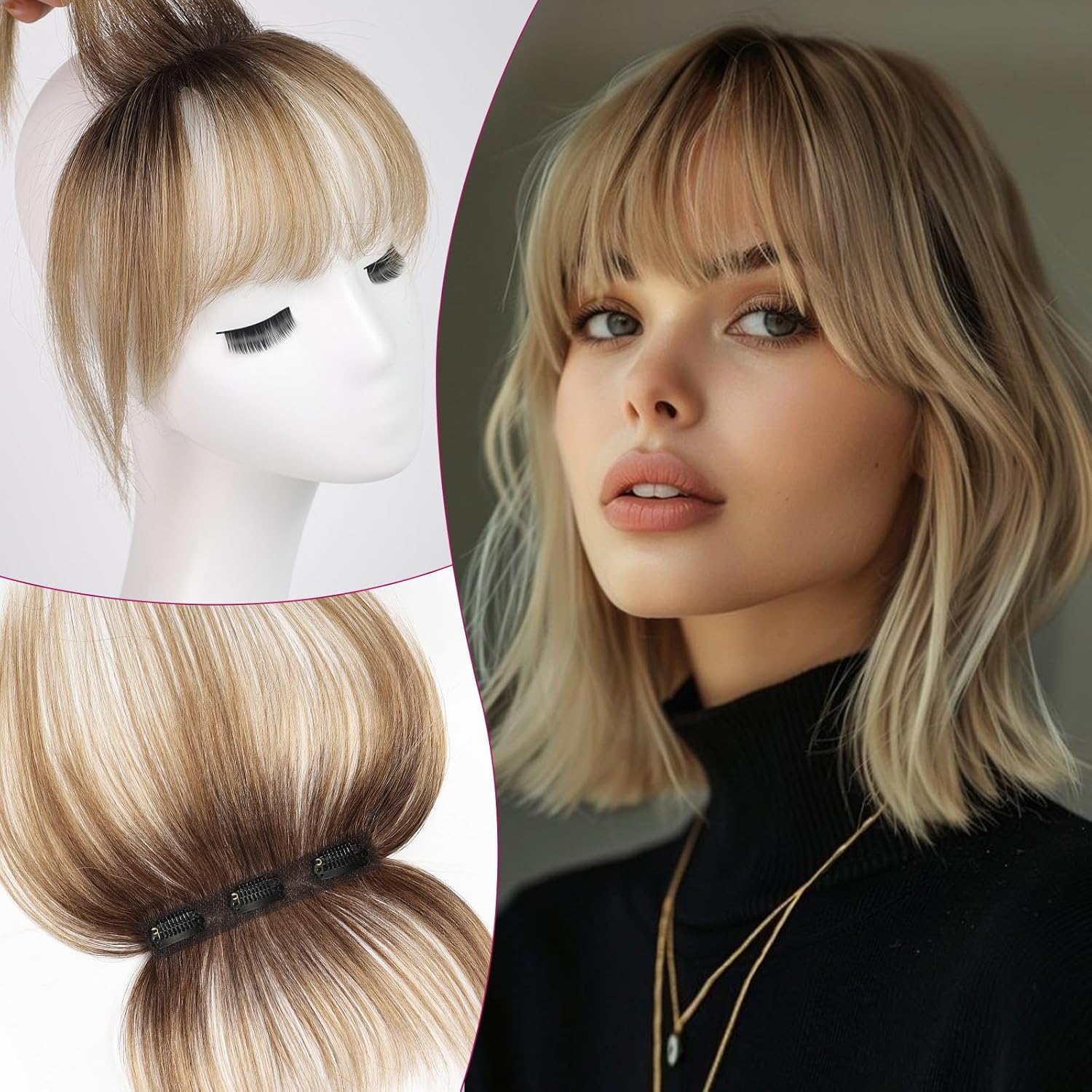 EMMOR clip in bangs ombre ash blonde hairpiece front view for natural look