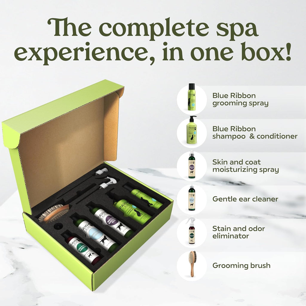 Premium ergonomic pet brush included in the six piece box