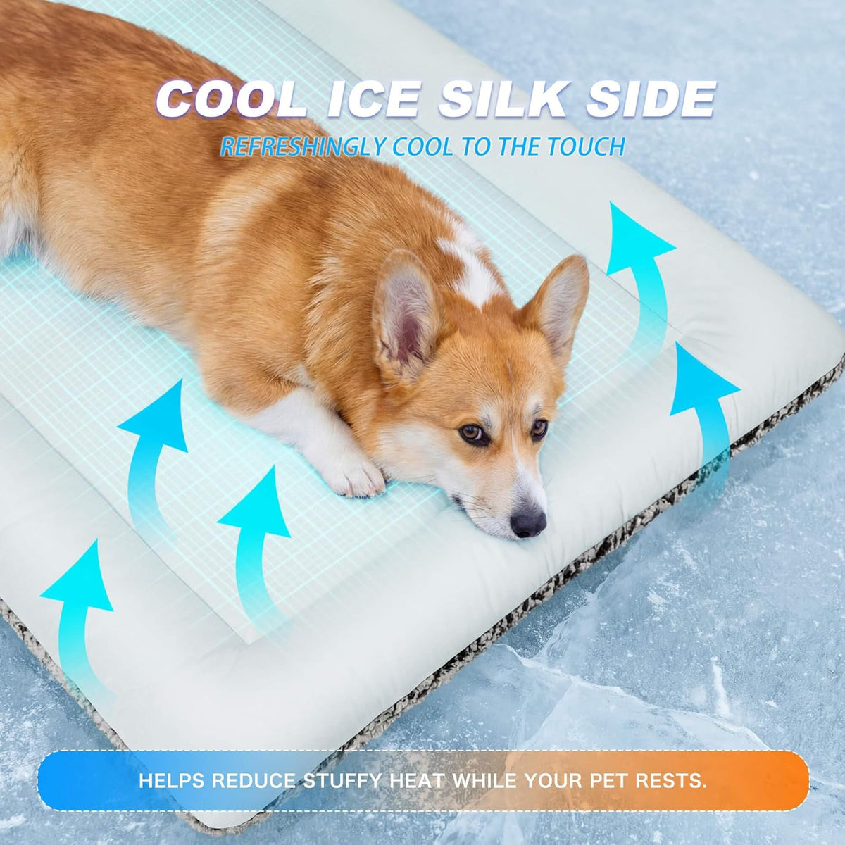 Close up of cooling ice silk side of pet mat