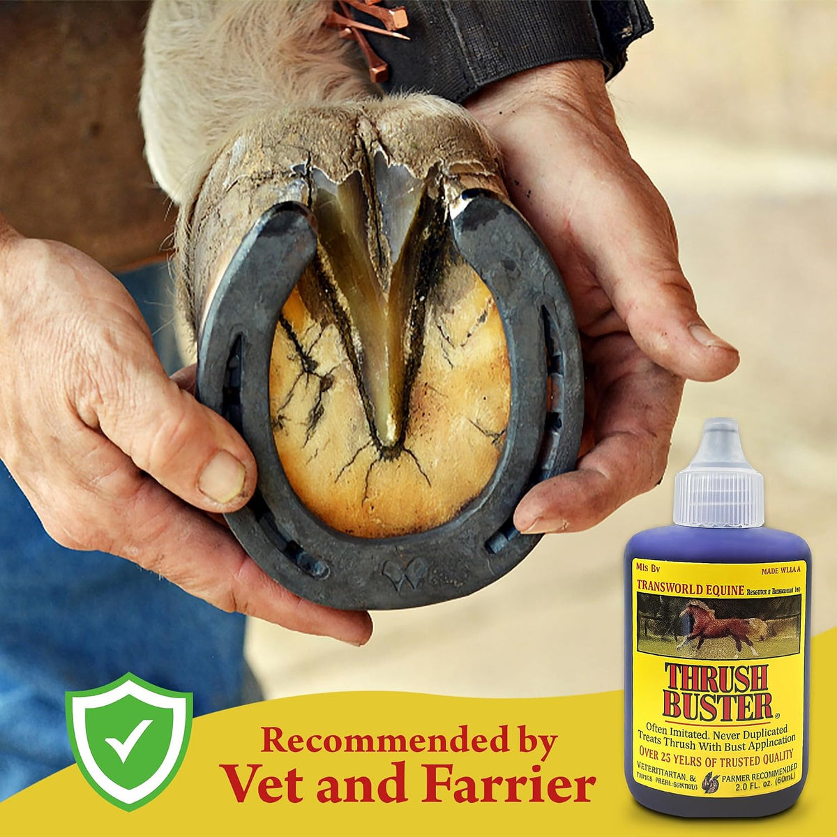 Thrush Buster bottle applicator tip detail highlighting mess free use on horse hooves