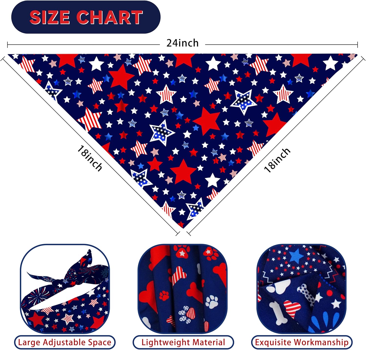 Small boy dog wearing the red white and blue flag style holiday bandana outside