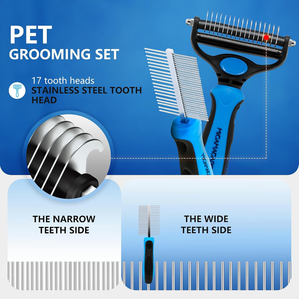 Close up of stainless steel deshedding teeth