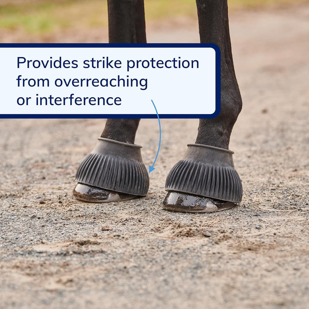 Black ribbed equestrian overreach boots detail highlighting the flexible rolled edge