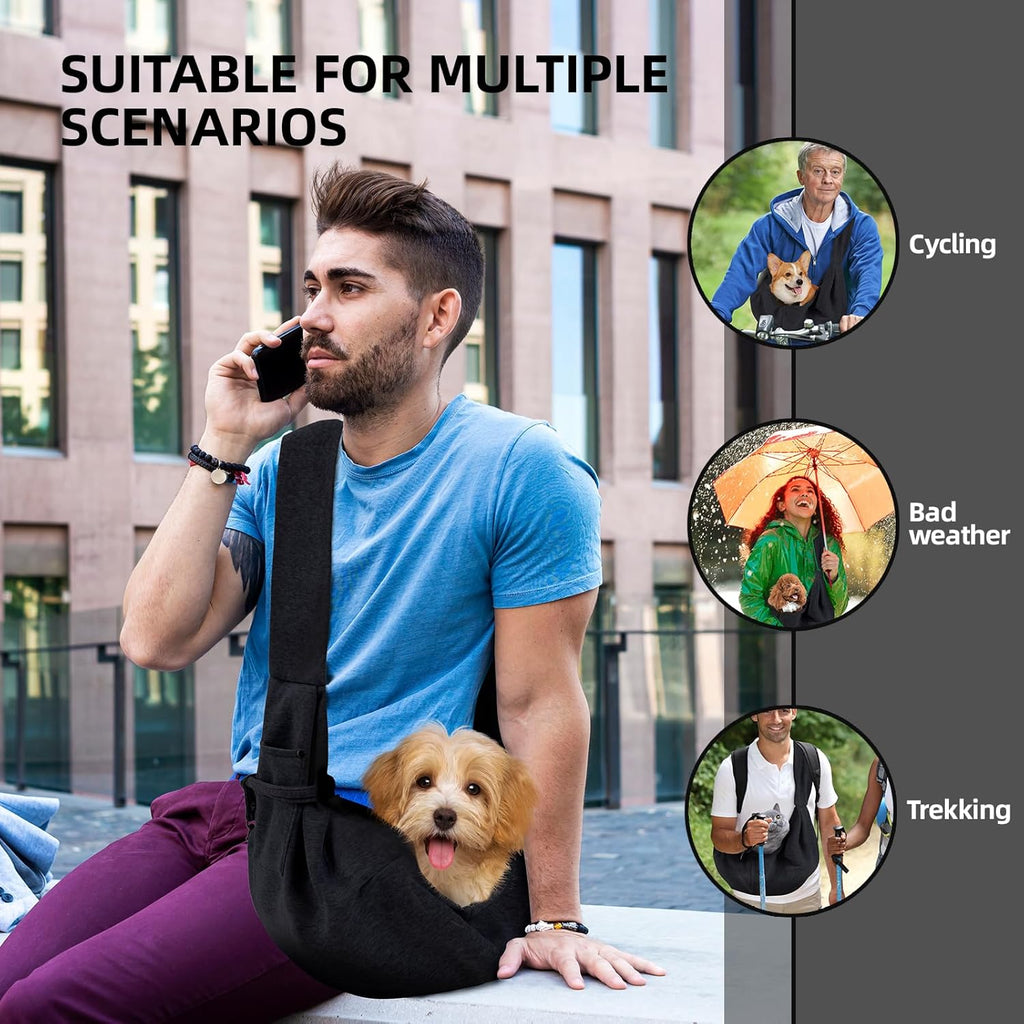 Side profile of Arzqut dog sling purse with pet inside