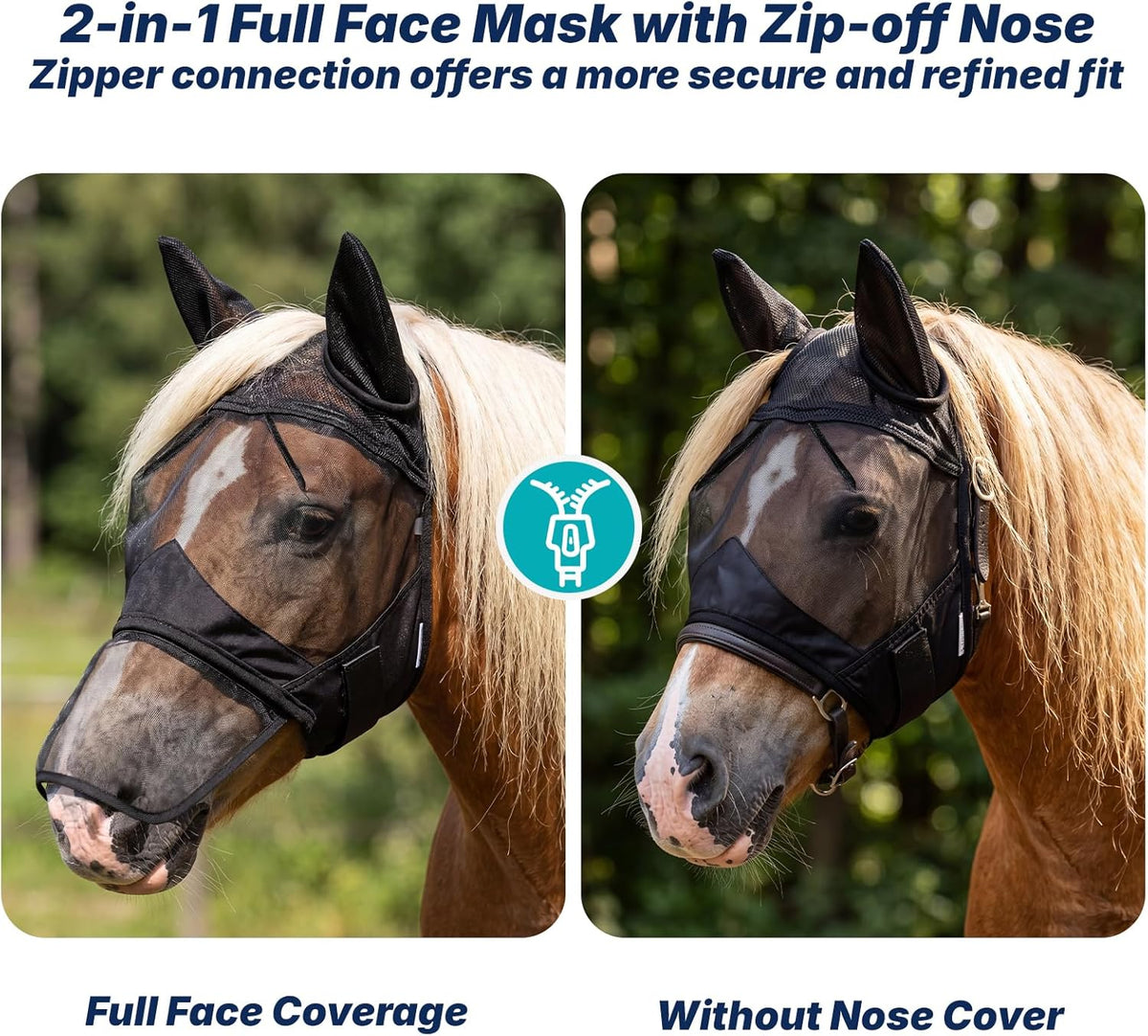 Side profile view of Sagud equine mesh mask showing ear coverage