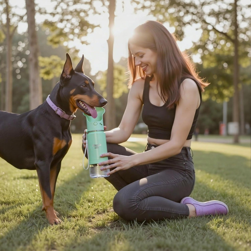 Portable pet travel flask showing detachable bottom snack container for dog treats.