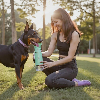 Portable pet travel flask showing detachable bottom snack container for dog treats.