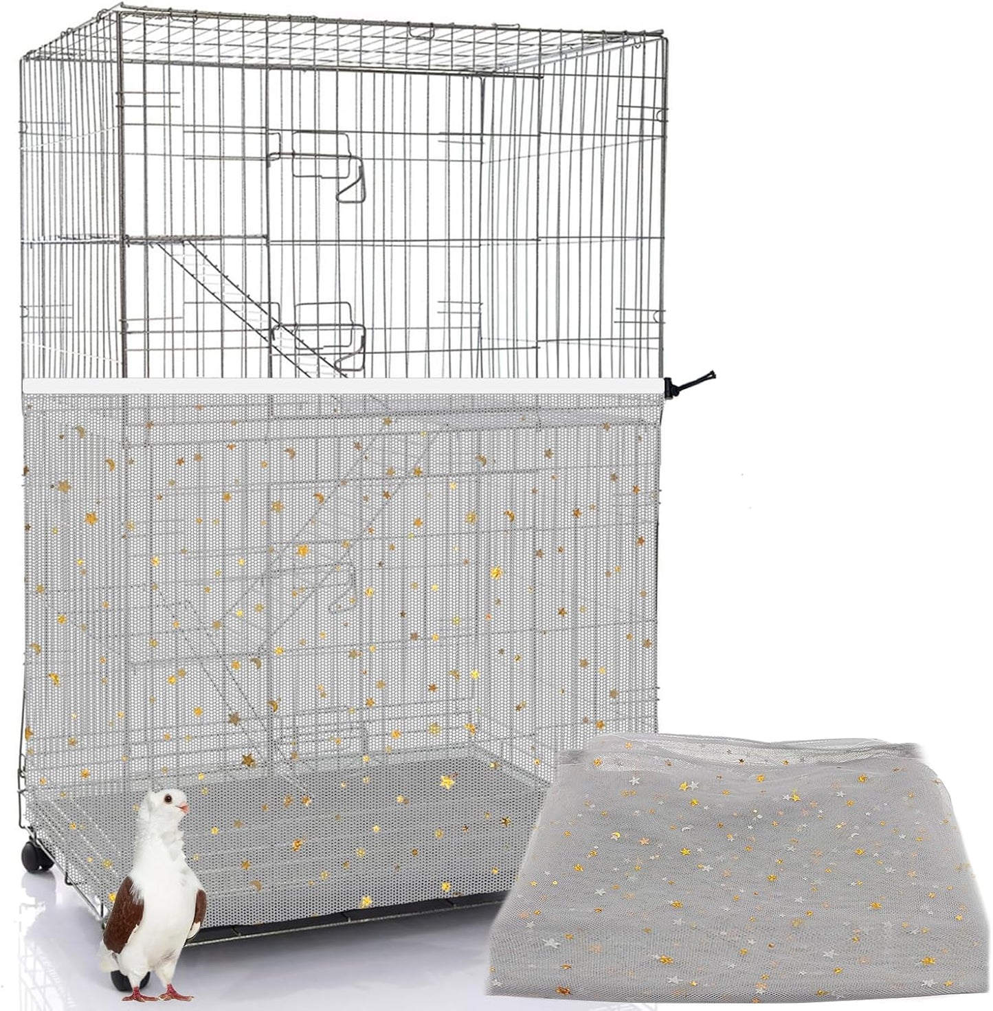 Bird Cage Seed Catcher, 45-90'' Adjustable Bird Cage Cover, Universal Nylon Bird Cage Mesh Net, Bird Cage Skirt Guard Accessories for Parrot Parakeet Macaw Round Square Cage (White) - Image 10