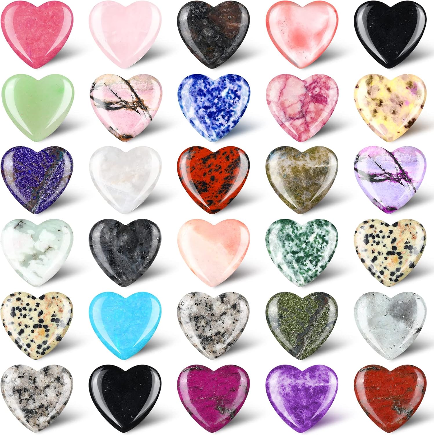 Nuenen heart shape crystals front view showing an assortment of thirty polished gemstones.