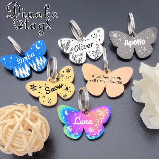Custom dog name tag in polished gold finish attached to a collar.
