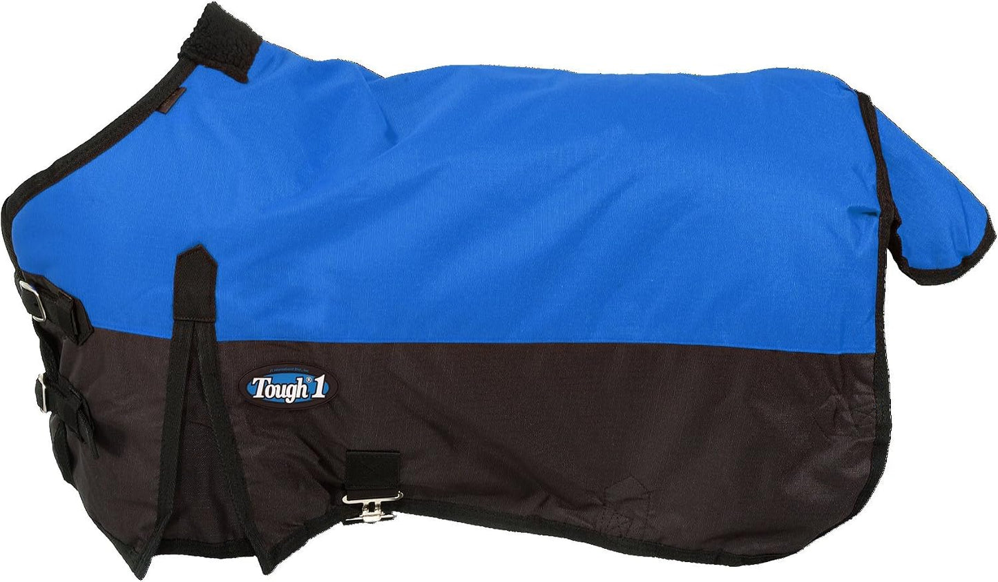 Miniature horse wearing Tough 1 waterproof winter blanket in royal blue and black.