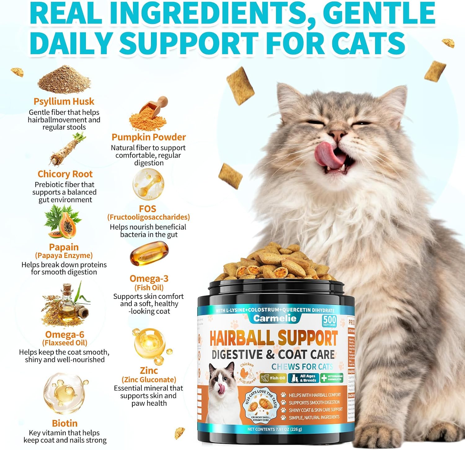Premium cat digestive support treats container showing active ingredients label