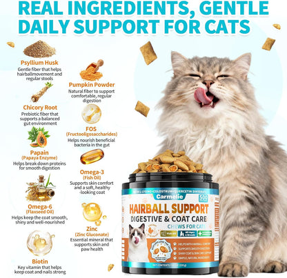 Premium cat digestive support treats container showing active ingredients label