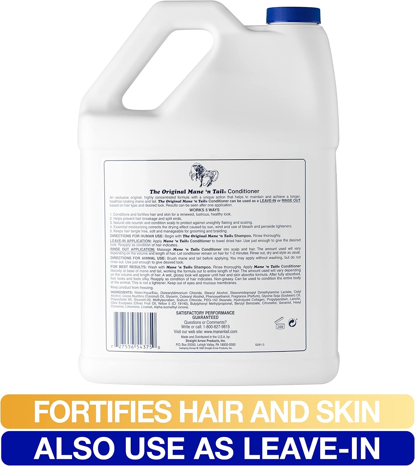 Mane and tail dual purpose hair texturizer and moisturizer gallon bottle packaging
