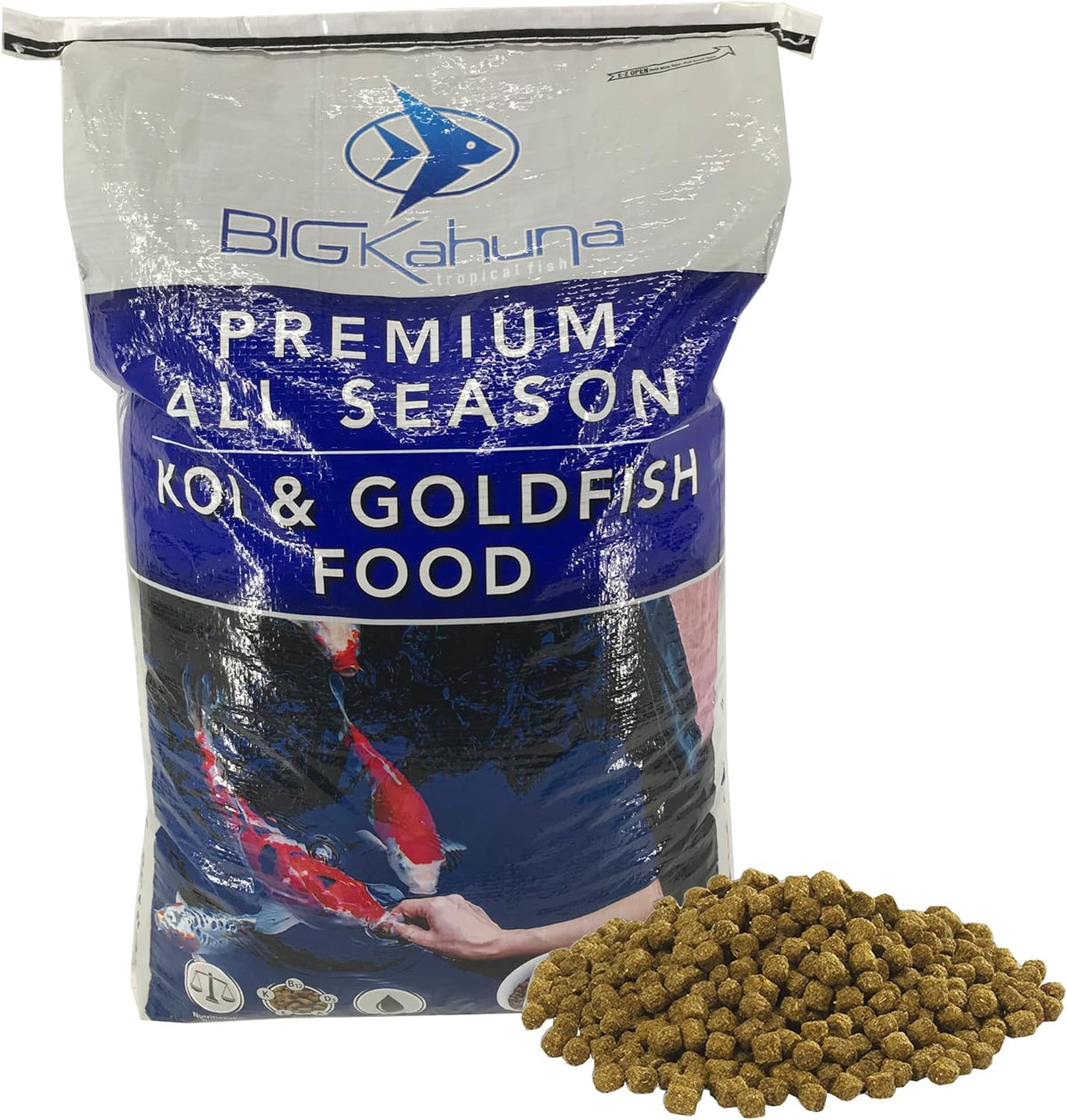 Big Kahuna Tropical Fish Premium Koi Food 45 pounds bag front view showing premium floating pellets formulation
