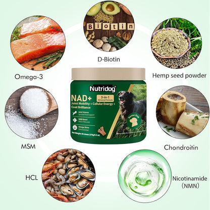 Nutridog NAD plus booster soft chews packaging displaying active ingredients including resveratrol and glucosamine for canine joints