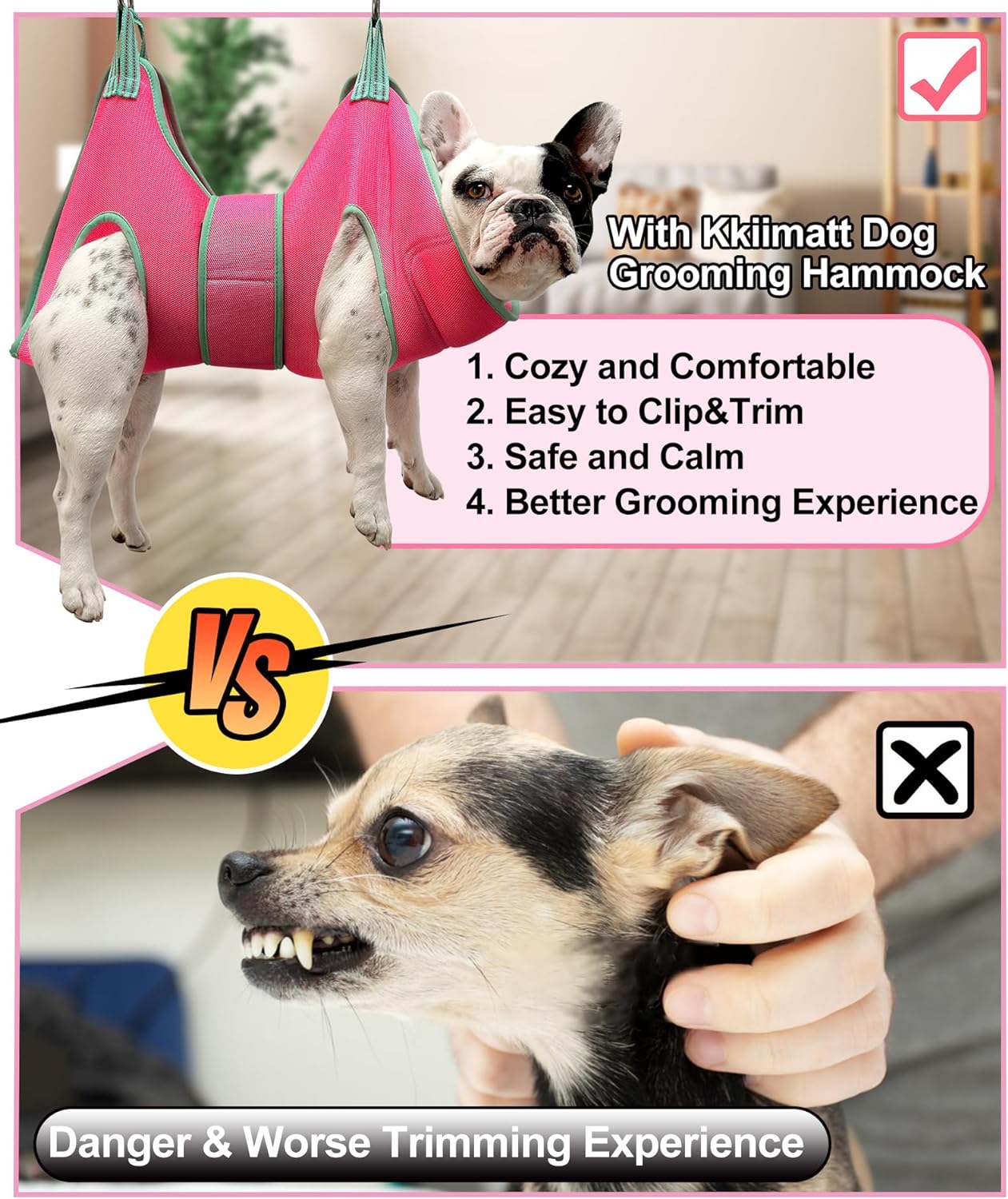 Barbie pink dog grooming sling showing thick neck support design