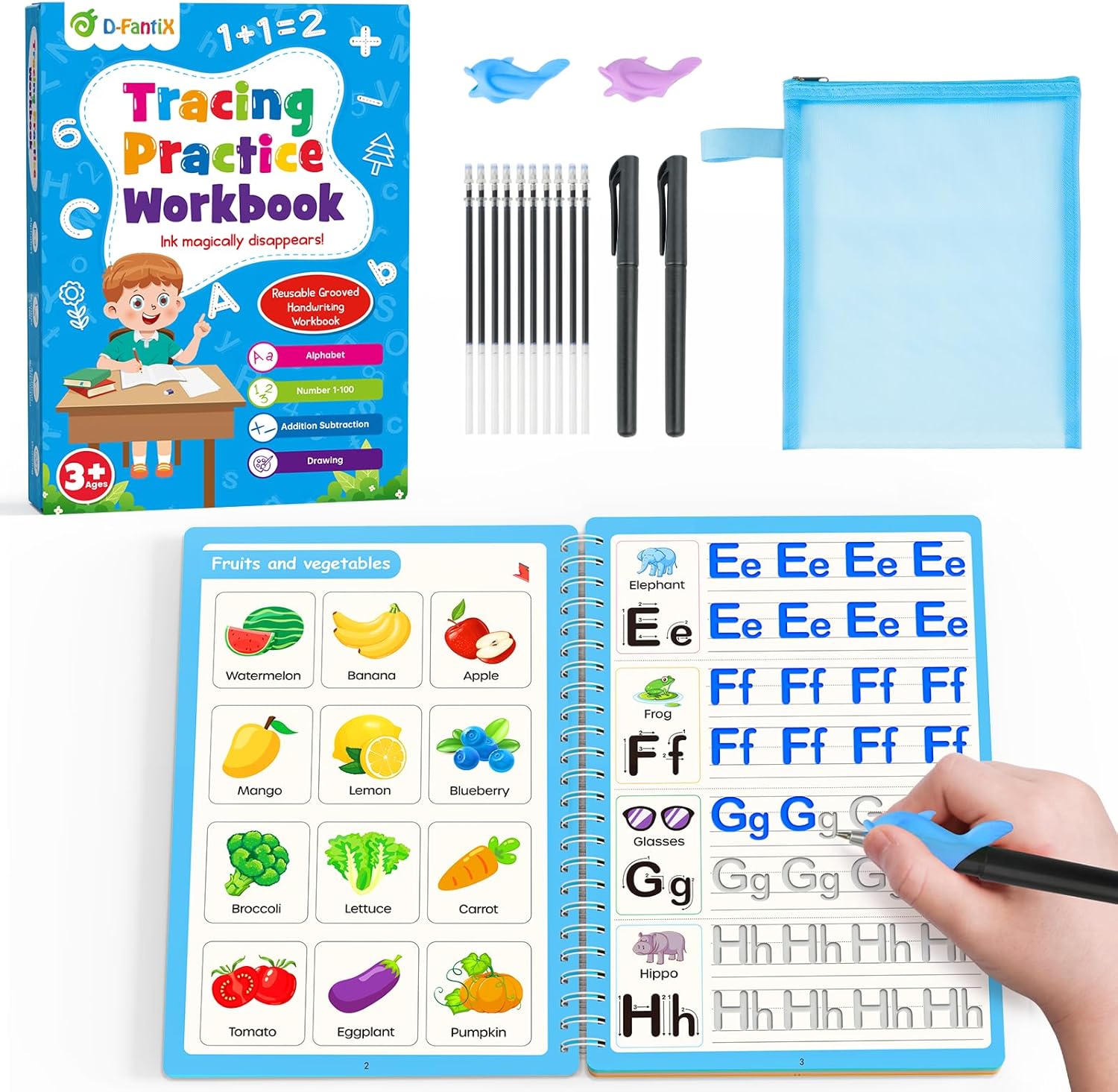 D-FantiX Magic Grooved Writing Practice Set front view showing four educational workbooks