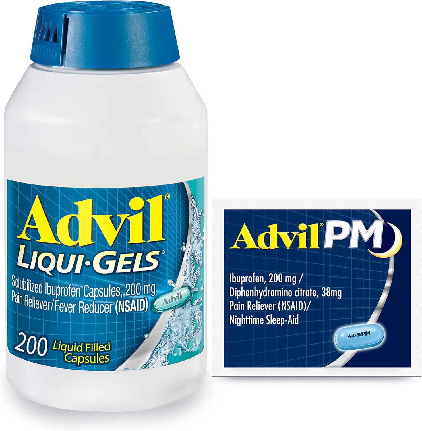 Advil Liqui-Gels Pain Reliever and Fever Reducer, Pain Medicine for Adults with Ibuprofen 200mg for Headache, Backache, Menstrual Pain and Joint Pain Relief - 200 Capsules, Advil PM Ibuprofen - 2 Ct - Image 1