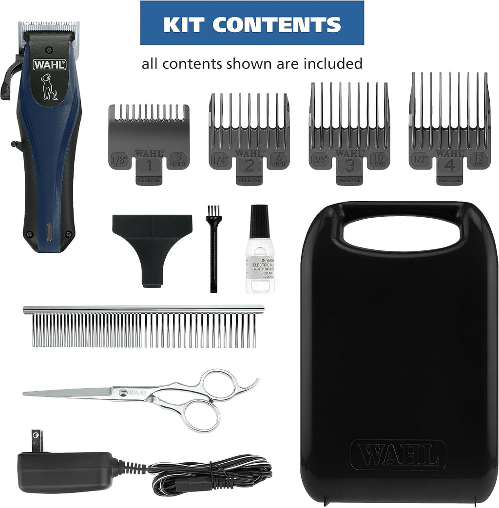Rechargeable lithium ion dog trimmer with four guide attachment combs