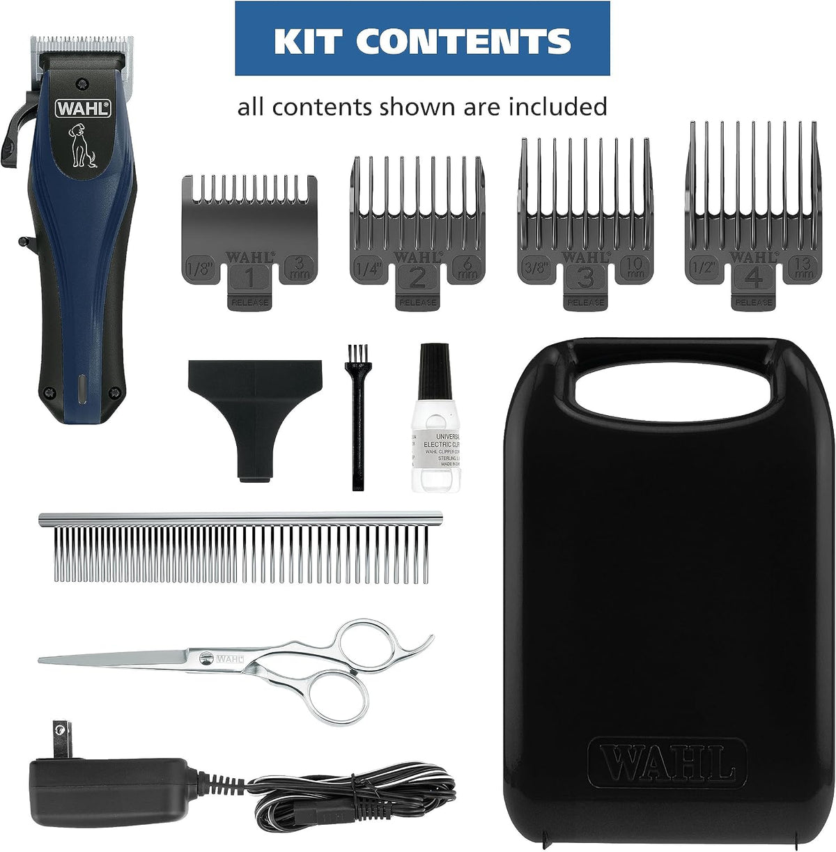 Rechargeable lithium ion dog trimmer with four guide attachment combs