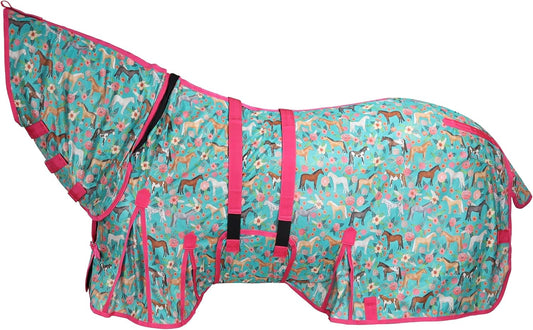 Showman Pasture Posies Mesh Fly Sheet front view on a horse showcasing the teal floral print.