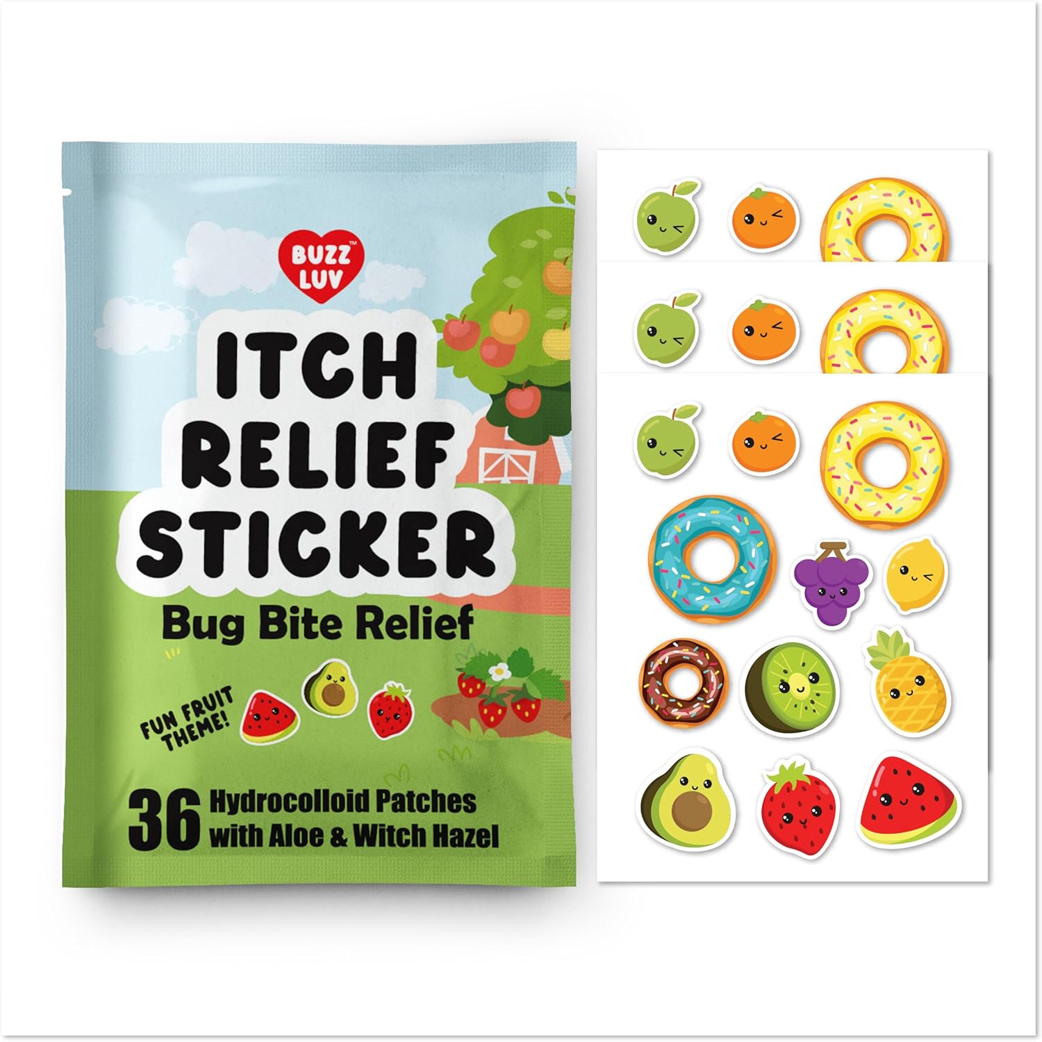 Buzzluv Hydrocolloid Itch Relief Patch front packaging showing fruit themed stickers for insect bite protection