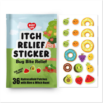 Buzzluv Hydrocolloid Itch Relief Patch front packaging showing fruit themed stickers for insect bite protection