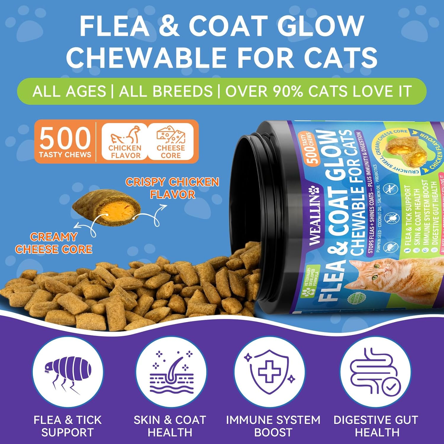 Weallin cat chewables chicken flavor dual texture crunchy and creamy display