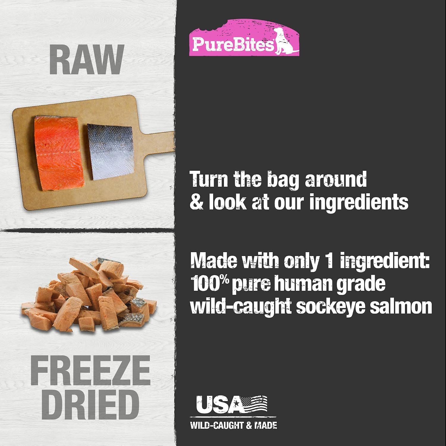 Close up view of high protein salmon dog treats showing freeze dried texture