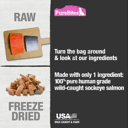 Close up view of high protein salmon dog treats showing freeze dried texture
