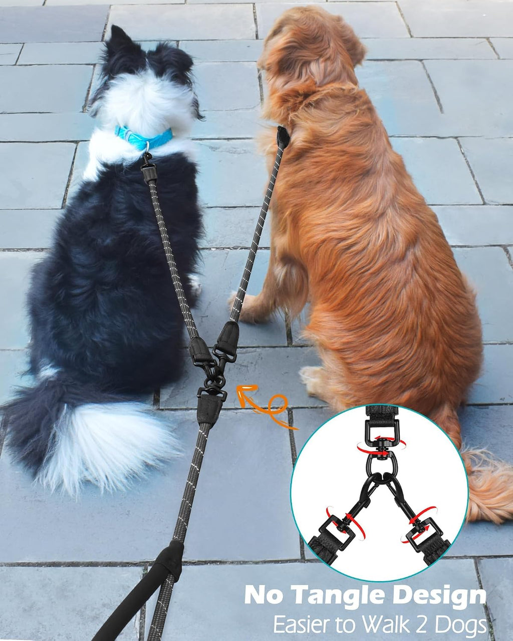 PetBonus heavy duty two dog leash reflective stitching detail for night safety