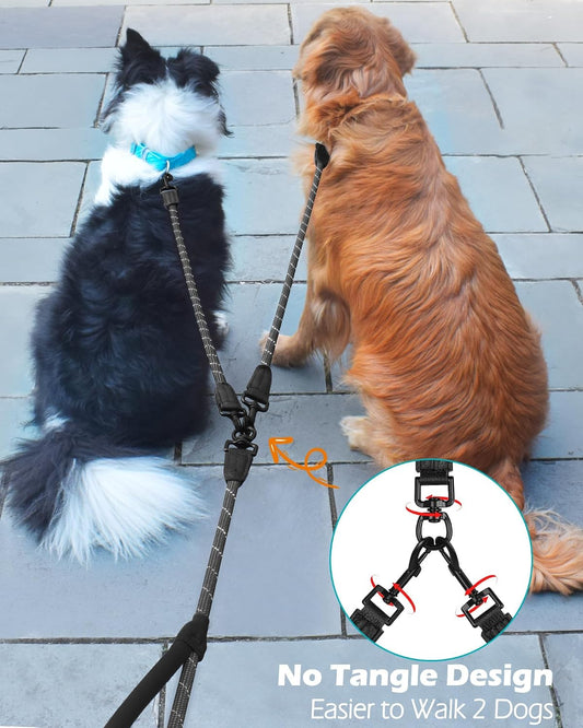 PetBonus heavy duty two dog leash reflective stitching detail for night safety