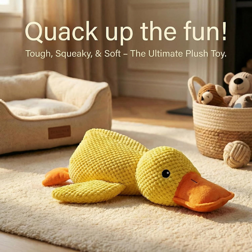 Calming duck toy showing durability and stitching quality