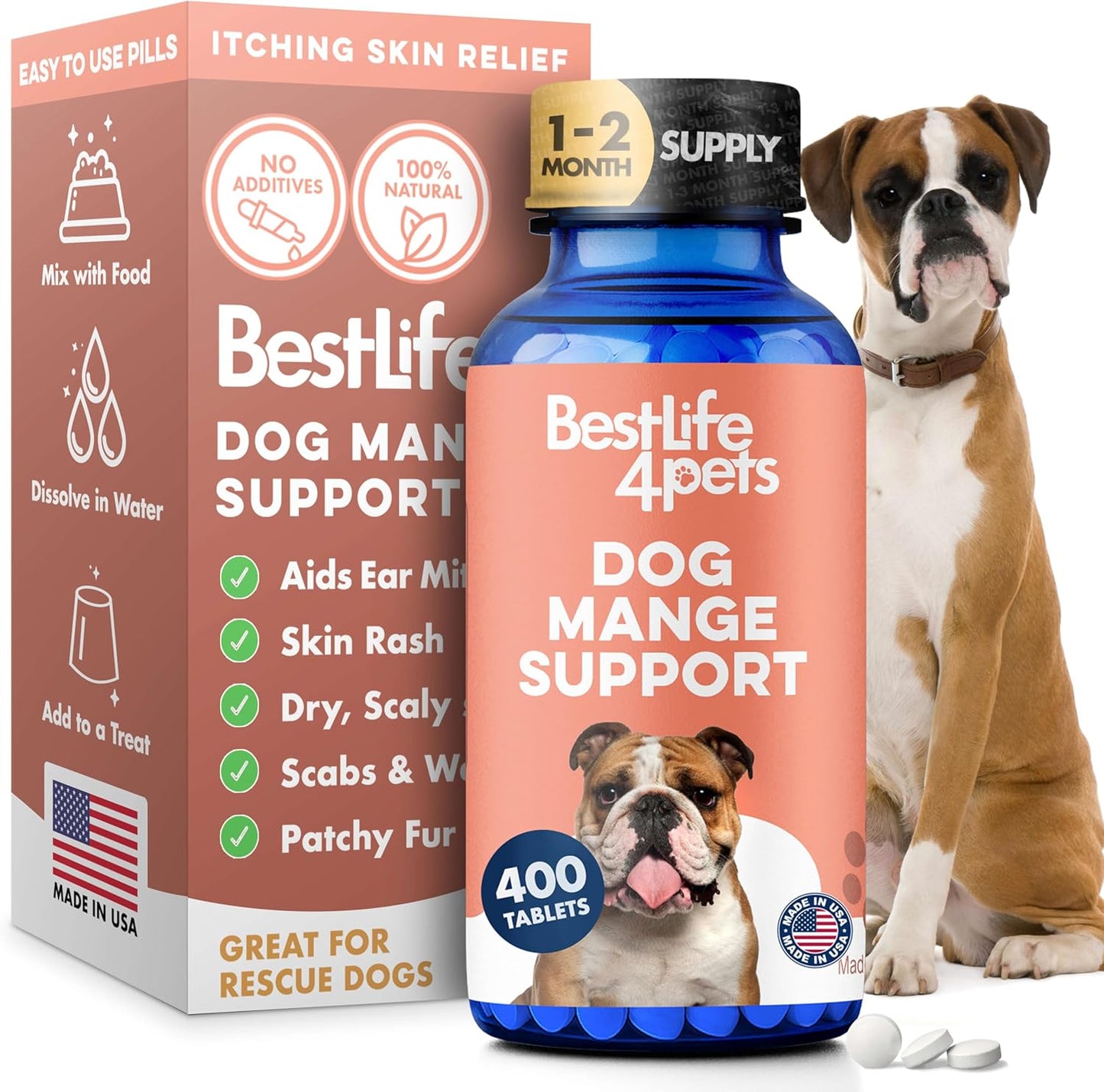 BestLife4Pets Dog Mange Support pills front view packaging for natural canine skin relief.