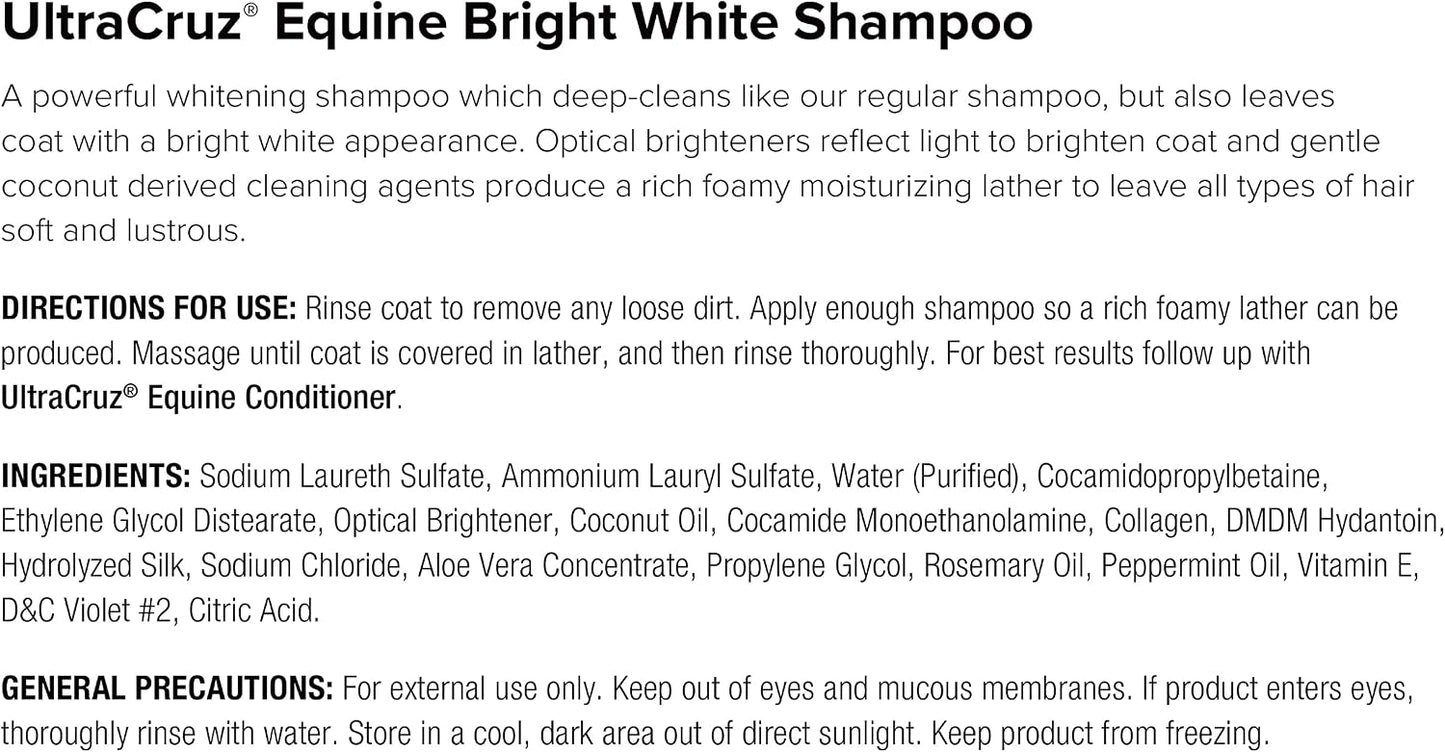 Authentic USA imported UltraCruz whitening horse shampoo bottle highlighting the deep cleaning benefits