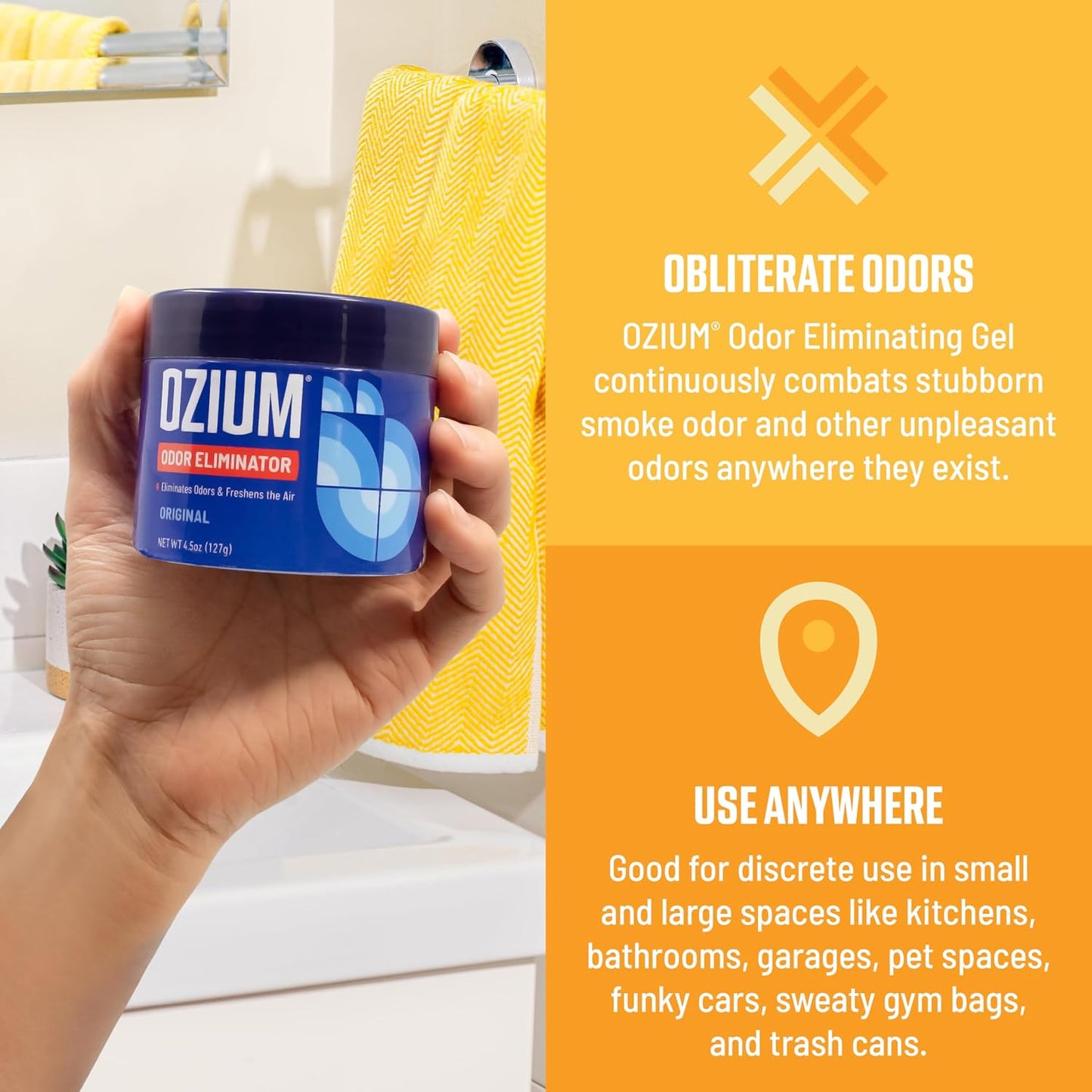Ozium 4.5 ounce smoke odor neutralizer gel packaging close up display.