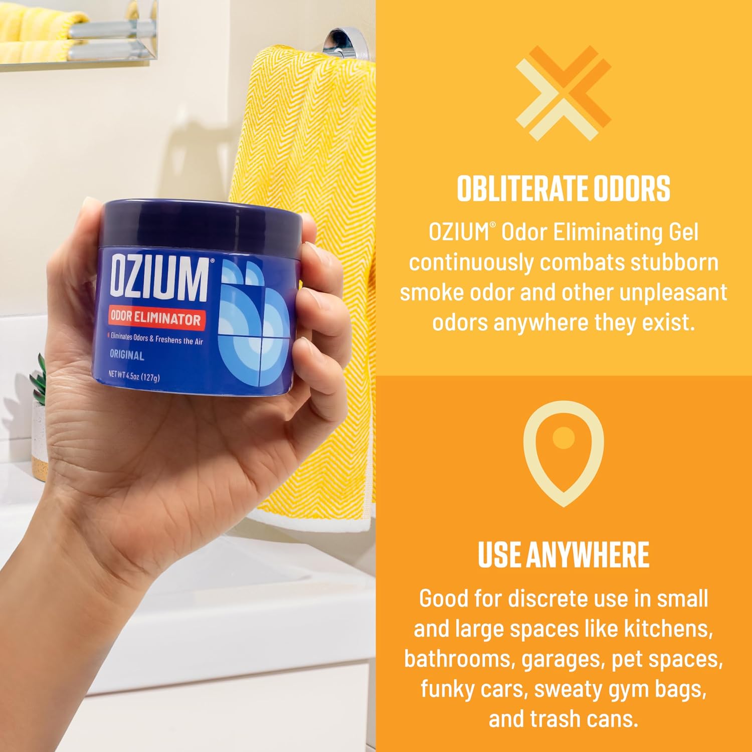 Ozium 4.5 ounce smoke odor neutralizer gel packaging close up display.