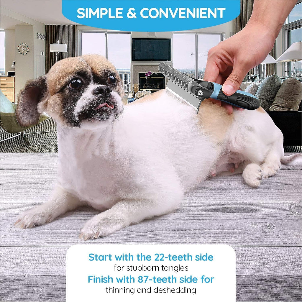 Goodscious pet hair remover comb showing the fine teeth side optimized for thinning loose undercoat fur.