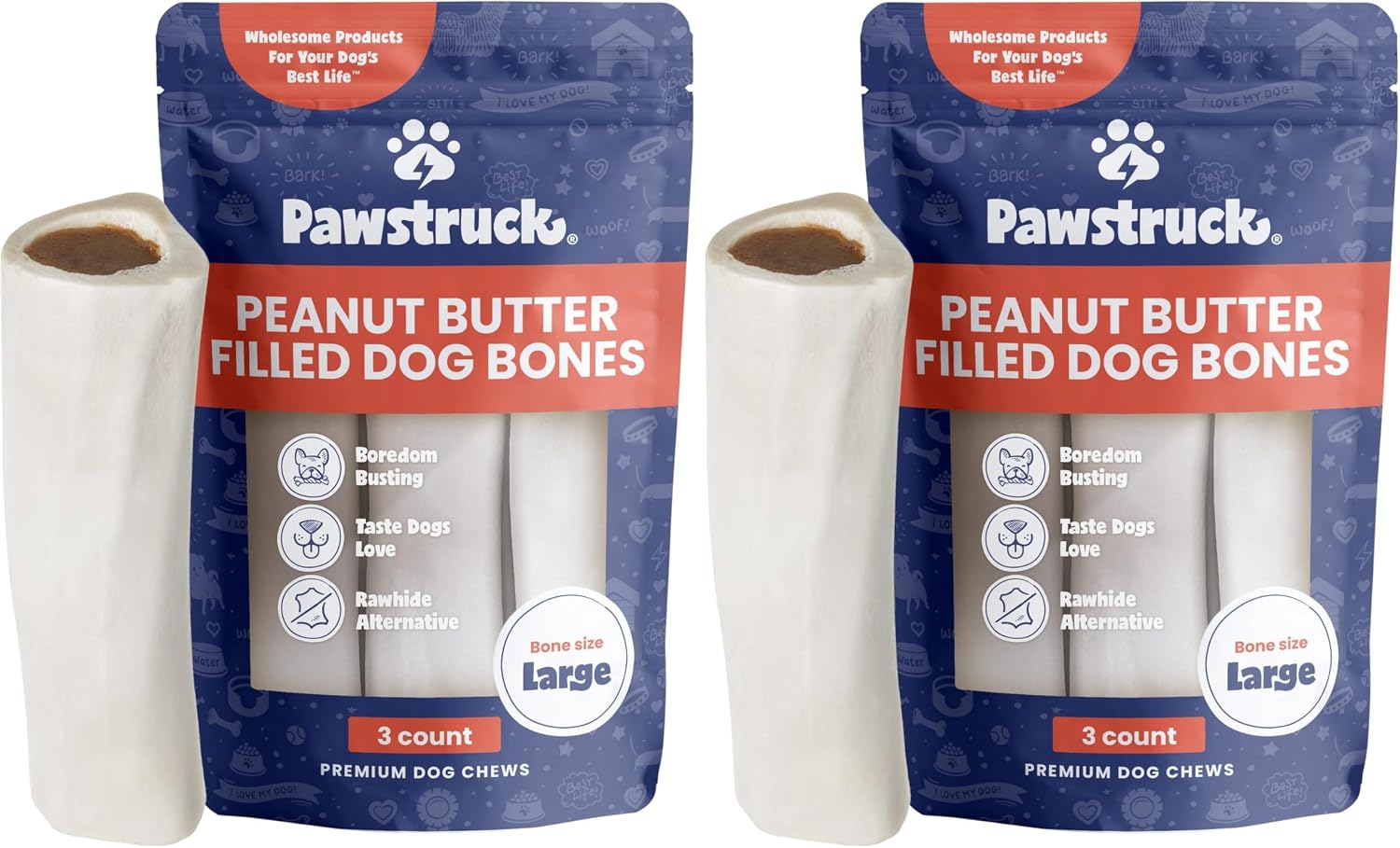 Pawstruck Large 5-6" Filled Dog Bones Variety Pack - Peanut Butter, Cheese & Bacon, Beef Flavors - Made in USA, Long Lasting Stuffed Femur Treat for Aggressive Chewers - Pack of 3, Packaging May Vary - Image 10