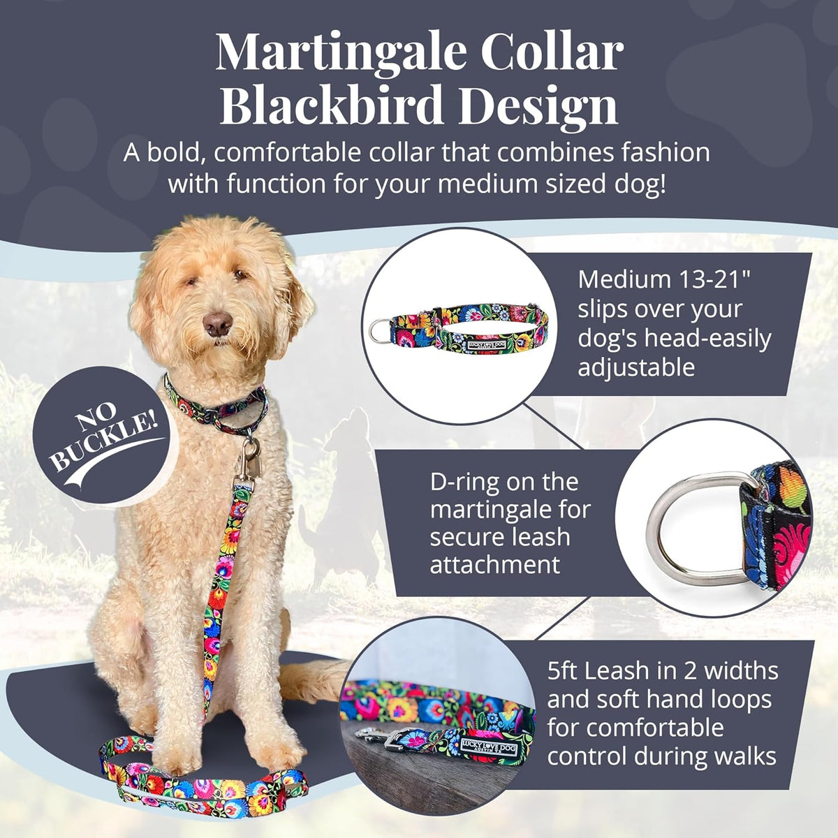Lucky Love Dog Blackbird pattern martingale collar for medium dogs close up webbing detail.