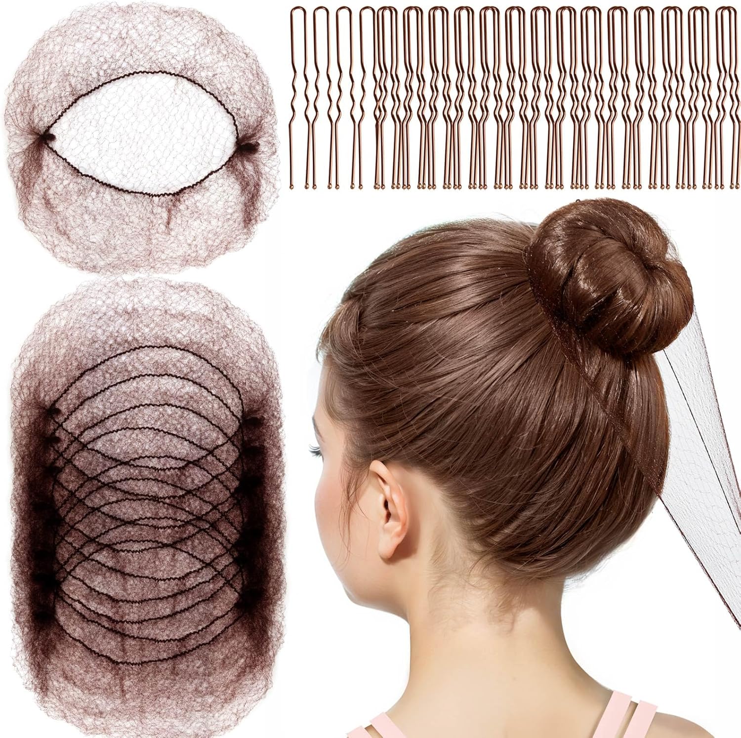Fandamei invisible hair net for kids packaging view with brown mesh nets and bobby pins