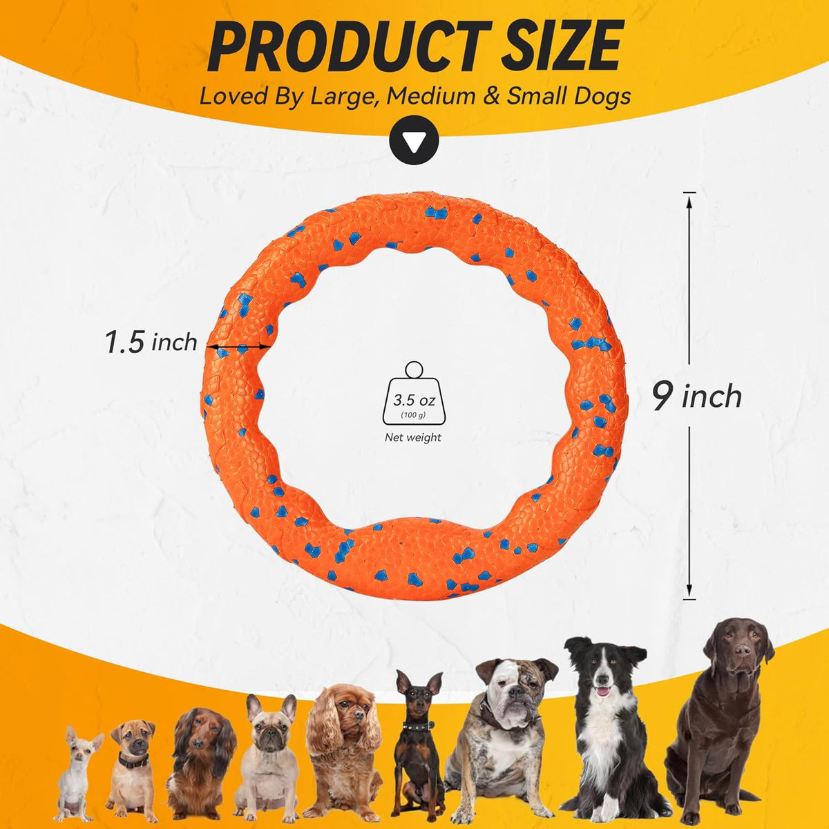 Dog catching orange Fusoto ring toy in park