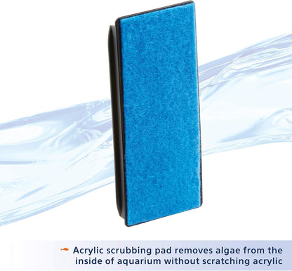 Hands free aquarium glass magnetic scrubber demonstrating external handle operation on a desktop fish tank.